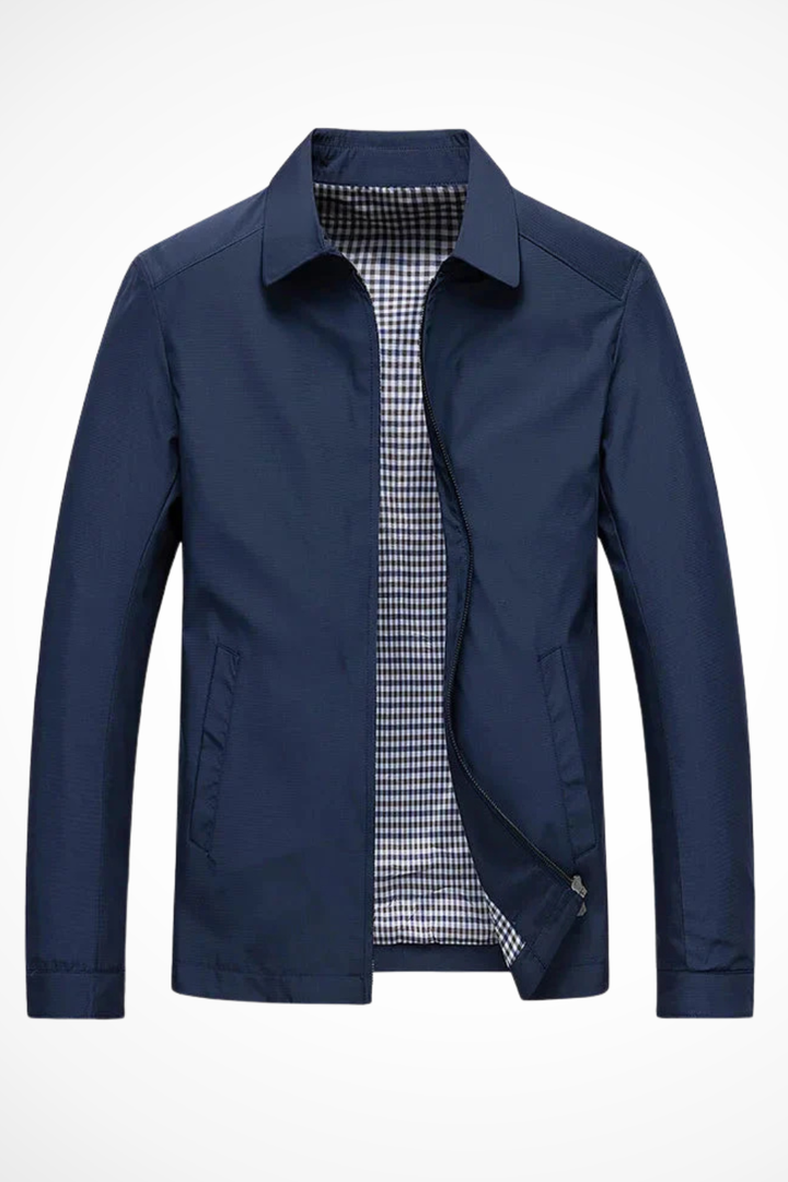 Stylish men's zip-up Harrington jacket, smart casual design with collared neck & unique check lining.