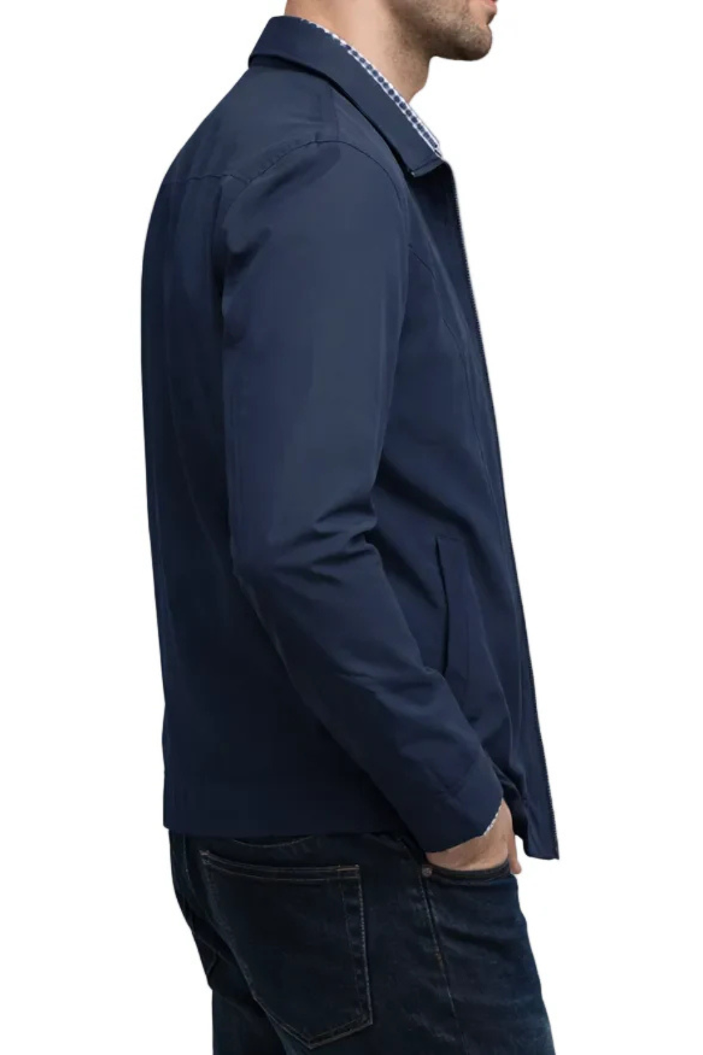 Structured men's collared Harrington jacket. Casual zip outerwear with eye-catching check lining for men.