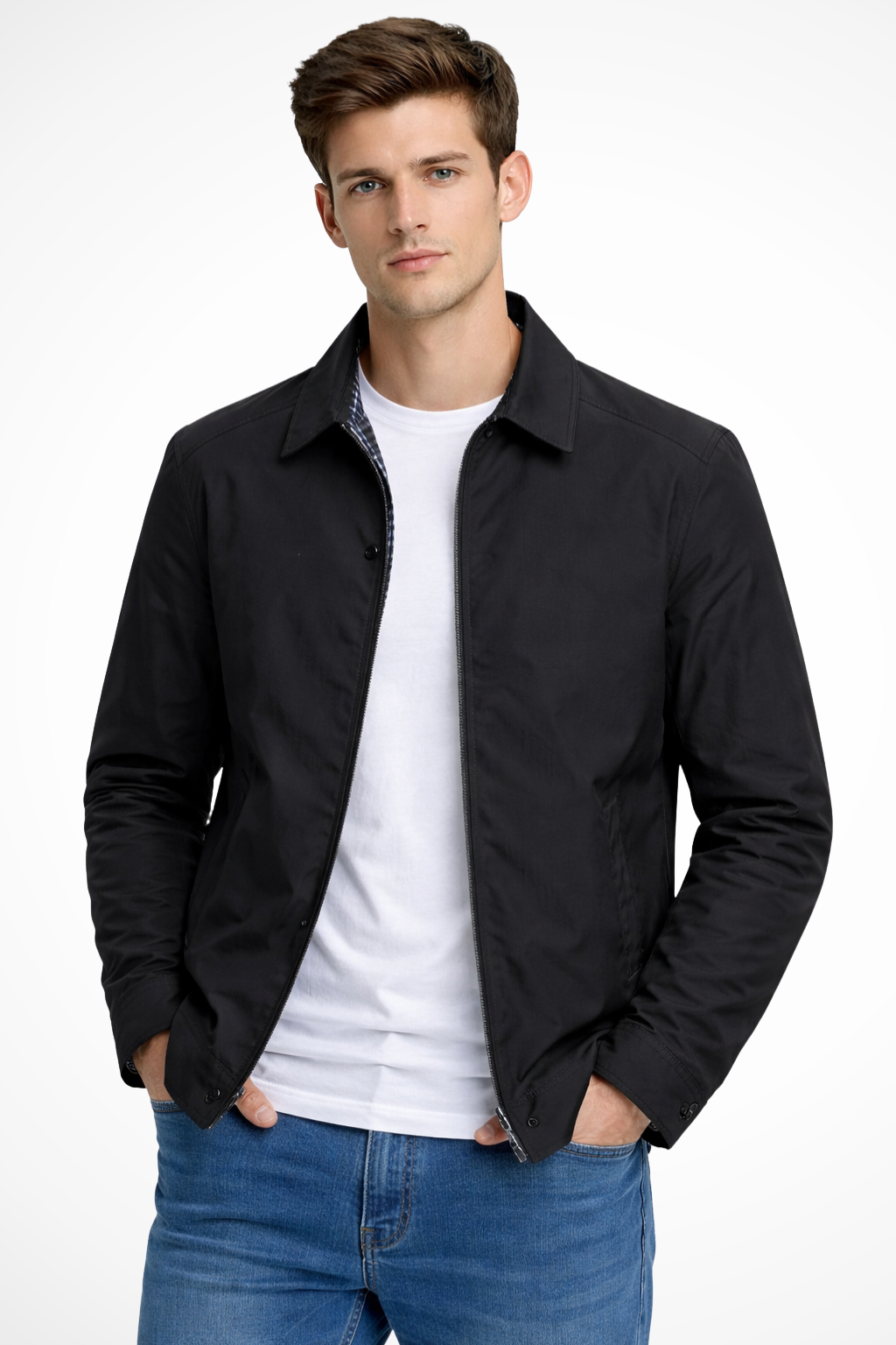 Casual men's Harrington jacket featuring a stand-up collar & stylish internal check lining. A versatile zip jacket.