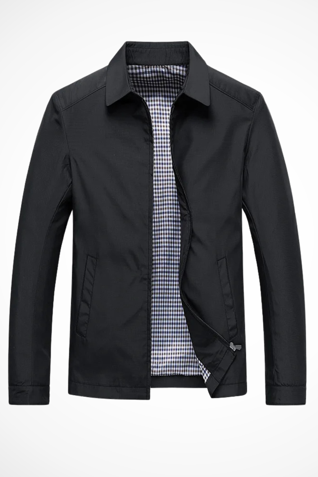 Classic men's collared Harrington jacket. Stylish smart casual outerwear with a distinctive internal check lining.