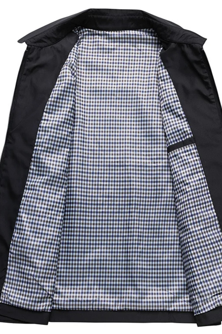 Comfortable men's spring jacket; a collared Harrington style with zip front & elegant check lining for casual wear.