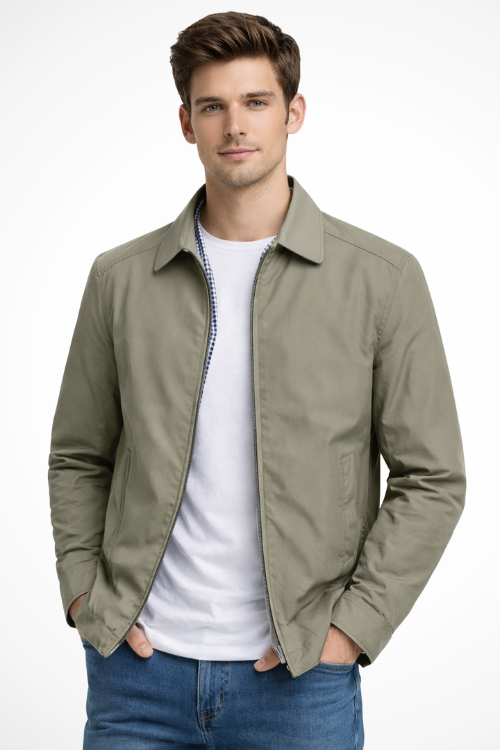 Men's smart collared Harrington jacket. Durable outerwear with a practical zip closure & sophisticated check lining.