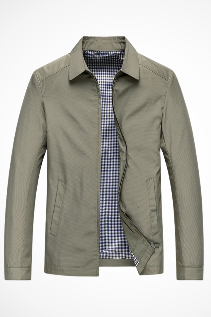 Stylish men's outerwear: a classic collared Harrington jacket with a full zip and attractive check patterned lining.