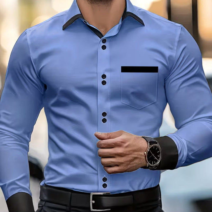 Blue men's classic slim fit long-sleeve shirt. Collared button-down, a stylish and comfortable choice for men's office wear.