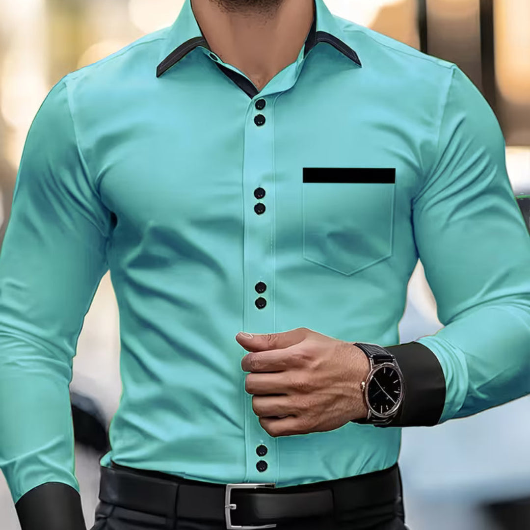 Elegant men's button-down slim fit shirt with a classic collar. Long-sleeve, offering sophisticated men's fashion versatility.