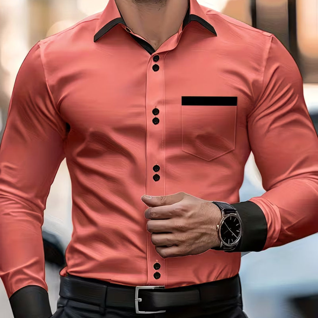 Modern men's slim fit long-sleeve shirt. Classic collared button-down design, perfect for a sleek men's fashion silhouette.