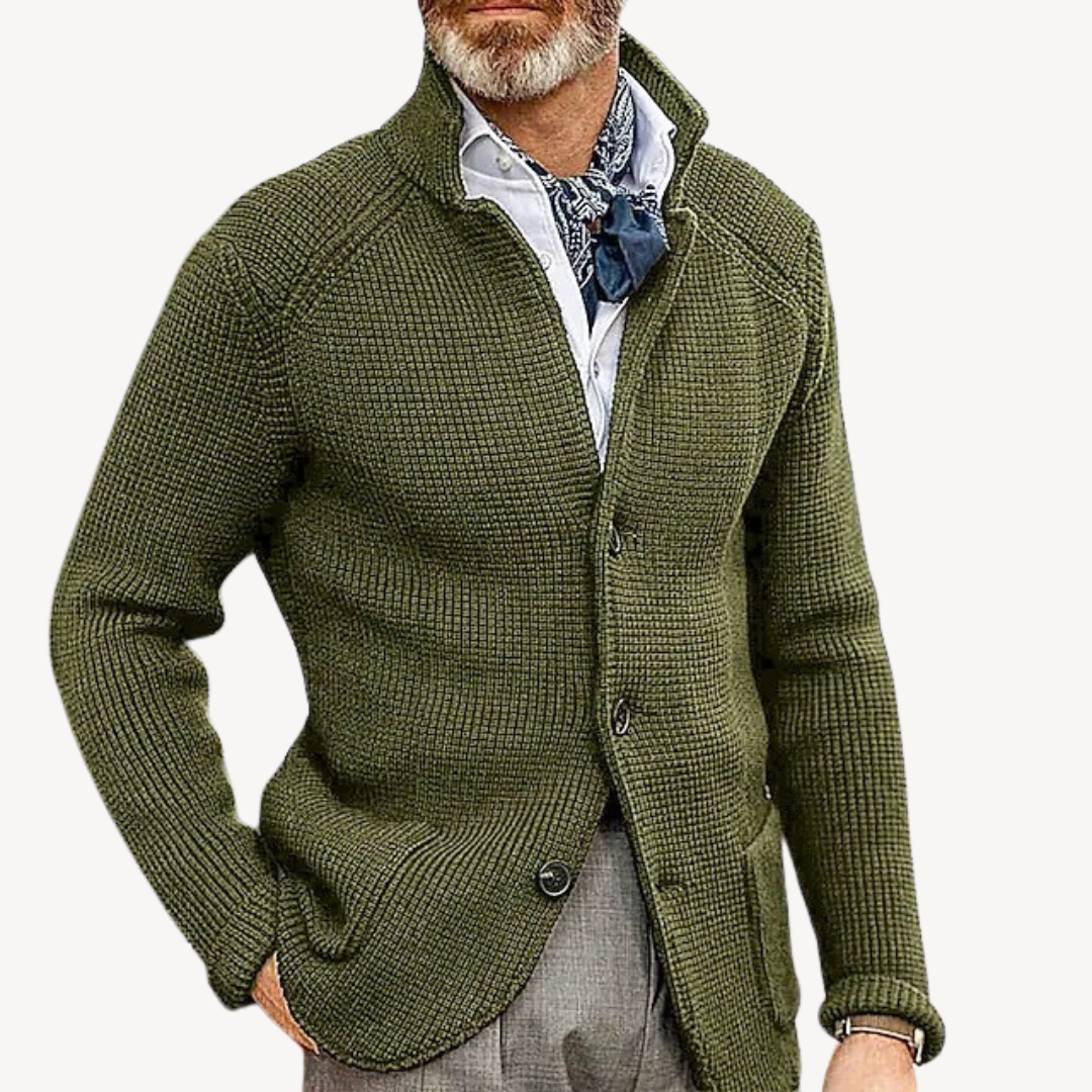 Classic men's sweater cardigan, suitable for formal or business casual outfits. Versatile outerwear.