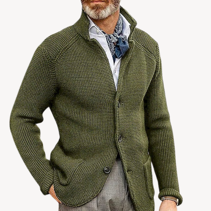 Classic men's sweater cardigan, suitable for formal or business casual outfits. Versatile outerwear.