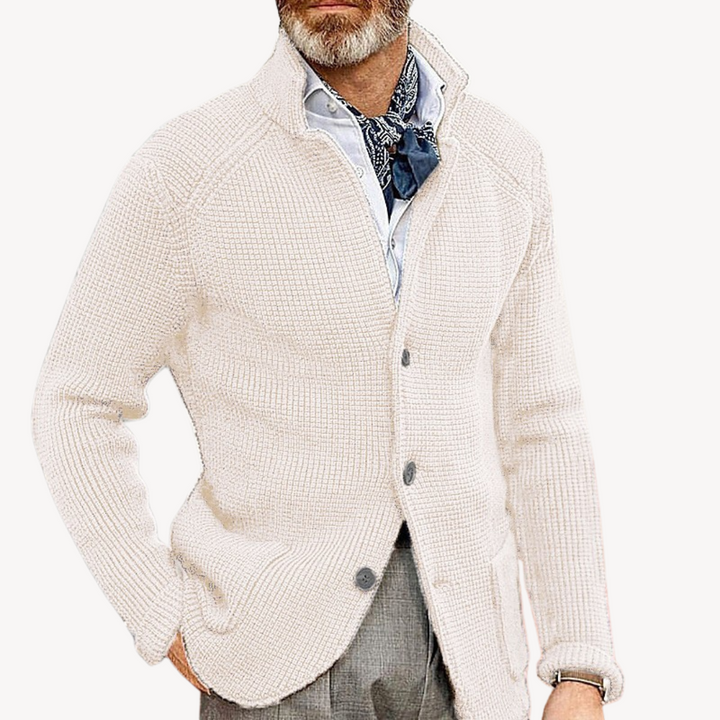 Comfortable men's cardigan sweater, featuring soft, classic knit for stylish layering.