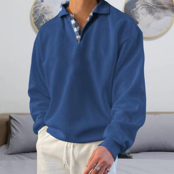 Man wearing classic comfort long sleeve sweater, stylish and casual for daily fashion.