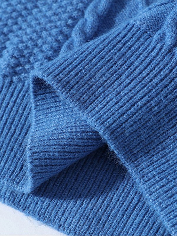 Cozy blue men's cable knit crew neck sweater. Classic long sleeve knitwear for stylish everyday fall and winter fashion.