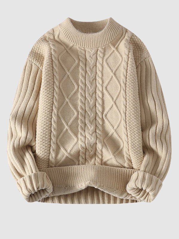 Stylish men's cable knit crew neck sweater. Essential long sleeve knitwear for modern classic fall & winter apparel.