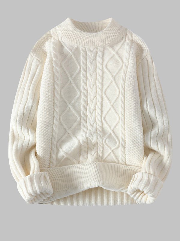 Thick cable knit men's sweater with crew neck. Warm, long sleeve knitwear, ideal for casual autumn & winter elegance.