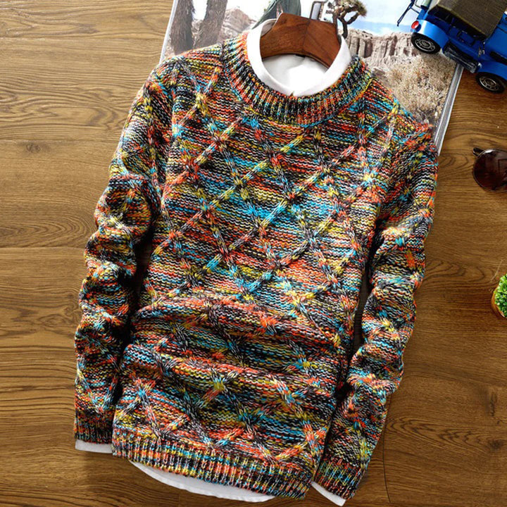 Men's classic crew neck knit sweater with diamond pattern, a comfortable fall fashion essential.