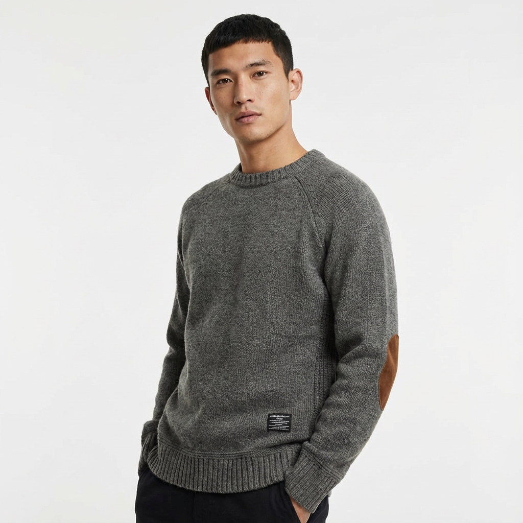 Men's classic crew neck wool blend jumper with stylish leather elbow patches