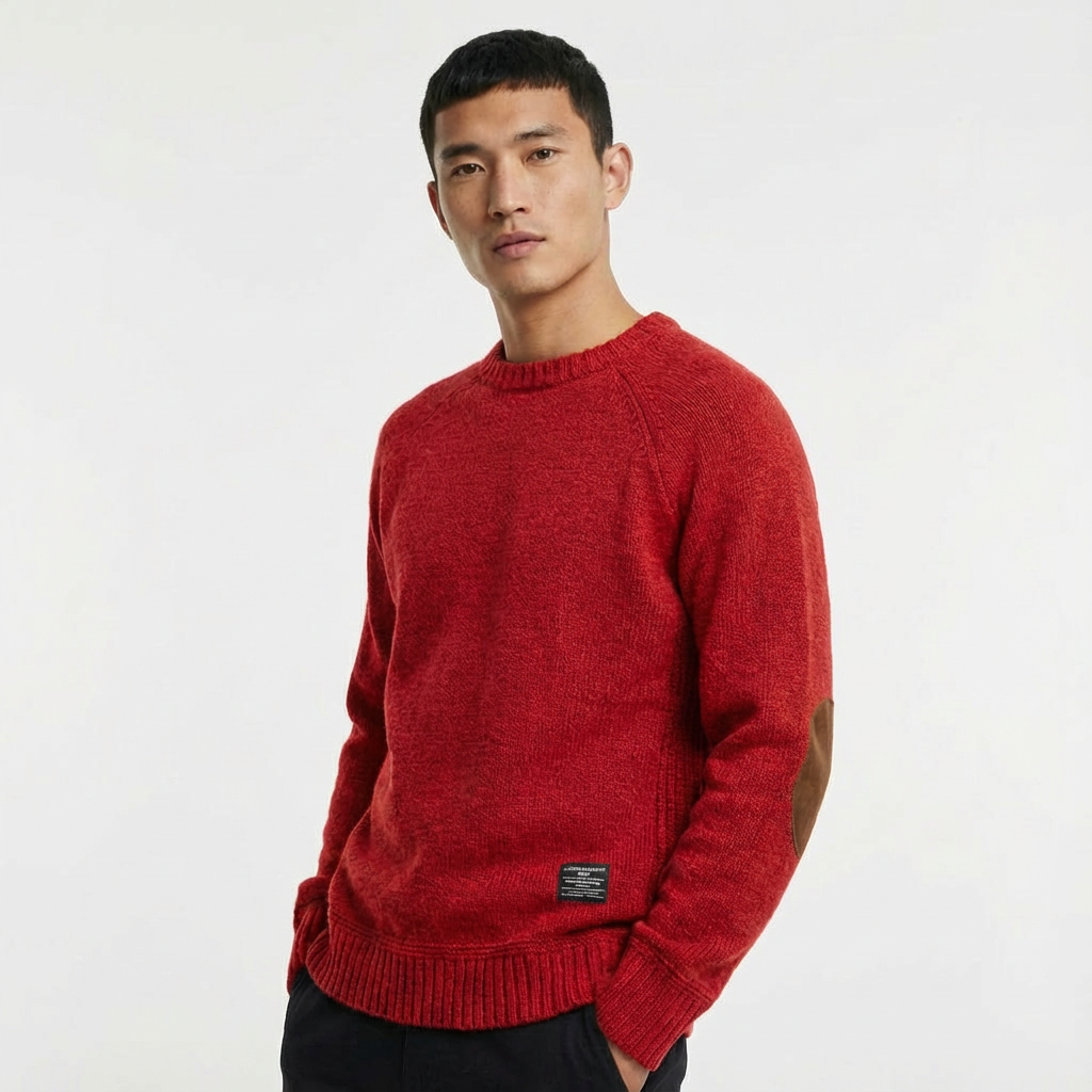 Cozy winter wear: men's wool blend jumper with timeless elbow patches