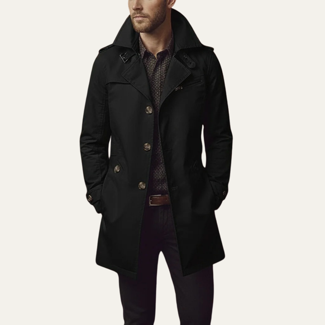 Men's classic double-breasted pea coat in navy wool, perfect for timeless fall & winter style.