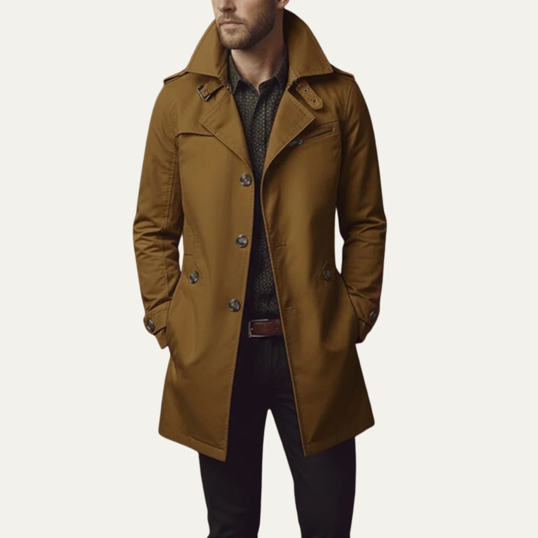 Warm men's double-breasted pea coat, an elegant winter jacket for business wear or smart casual outfits.