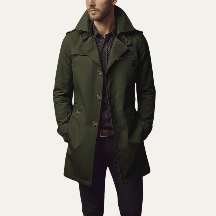 Textured wool men's pea coat, double-breasted, showcasing classic style and fall fashion for outerwear.