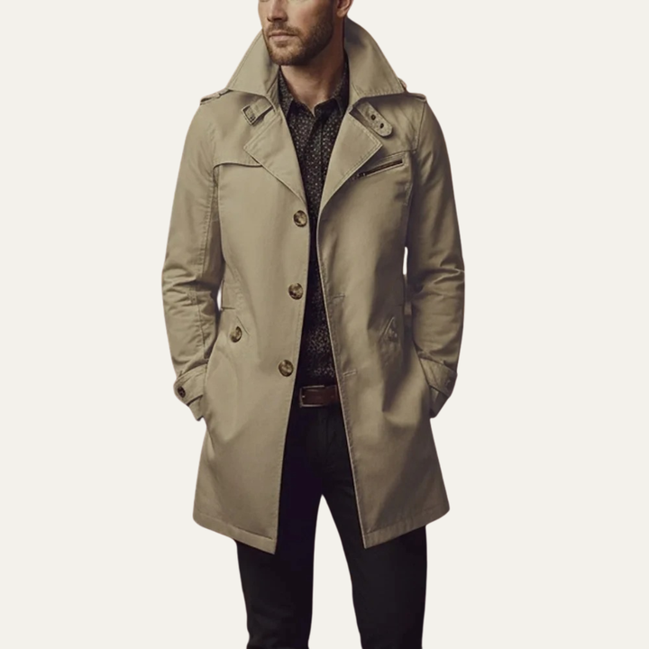 Model wearing a fitted men's double-breasted pea coat, ideal for a sophisticated and smart casual look.