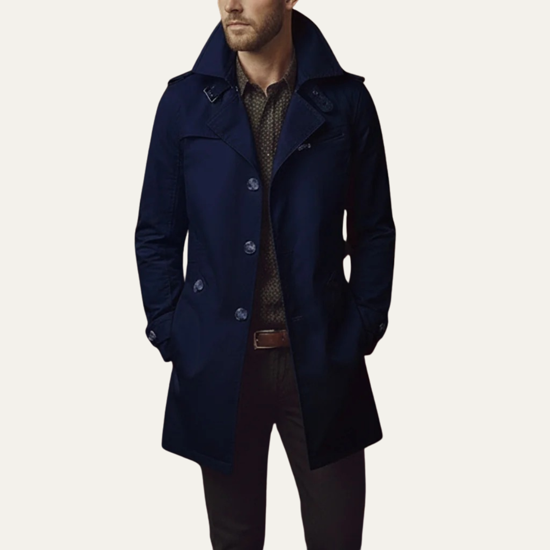 Navy men's double-breasted pea coat with wide lapels & large buttons, a classic winter outerwear staple.