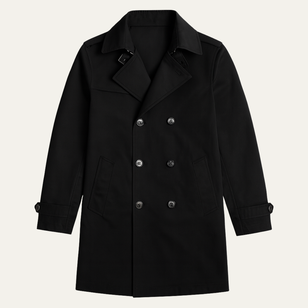 Stylish men's double-breasted pea coat, perfect elegant outerwear for business wear or smart casual fall fashion.