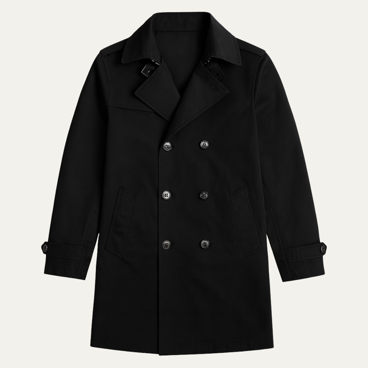 Stylish men's double-breasted pea coat, perfect elegant outerwear for business wear or smart casual fall fashion.