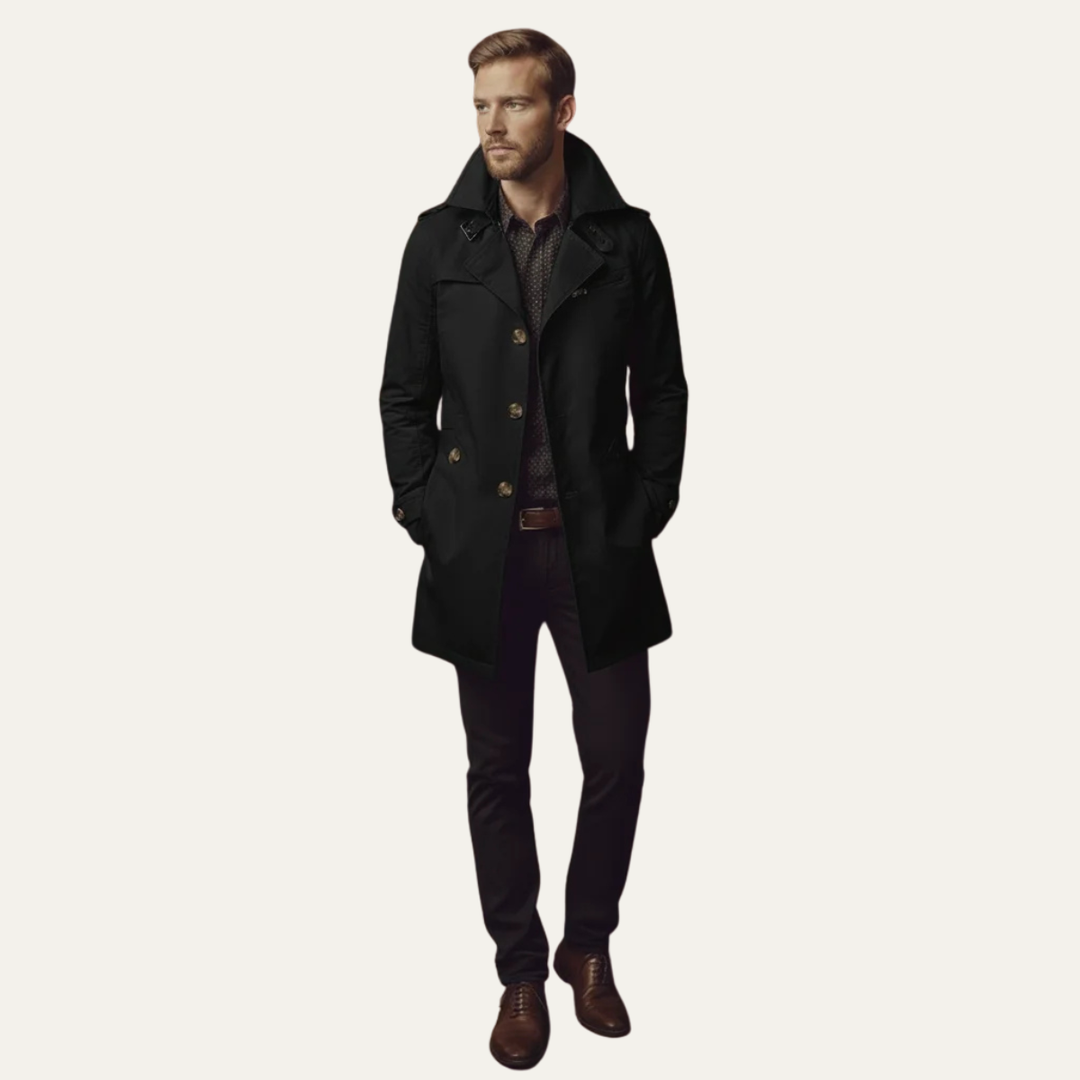 Men's classic double-breasted pea coat, a versatile wool winter jacket for smart, elegant, and timeless men's fashion.