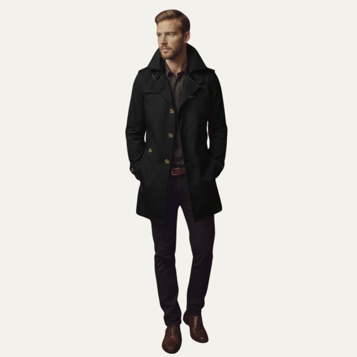 Men's classic double-breasted pea coat, a versatile wool winter jacket for smart, elegant, and timeless men's fashion.