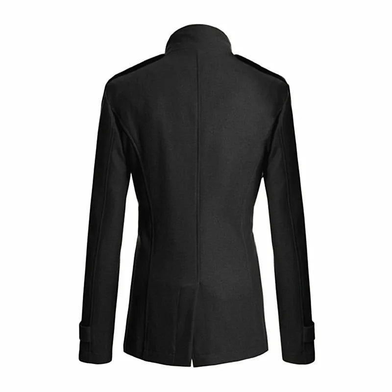 Stylish men's long double-breasted trench coat, featuring a classic belted design and elegant formal appeal.