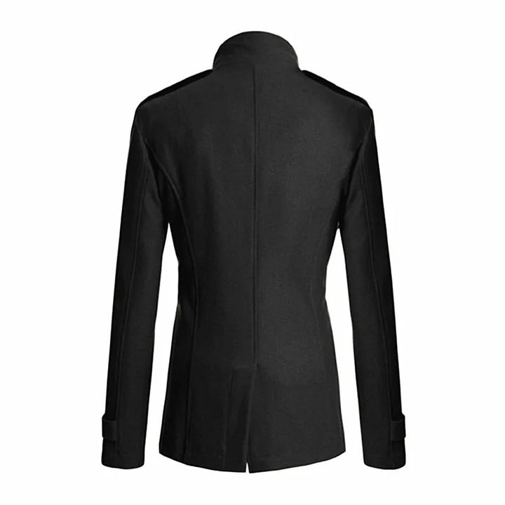 Stylish men's long double-breasted trench coat, featuring a classic belted design and elegant formal appeal.