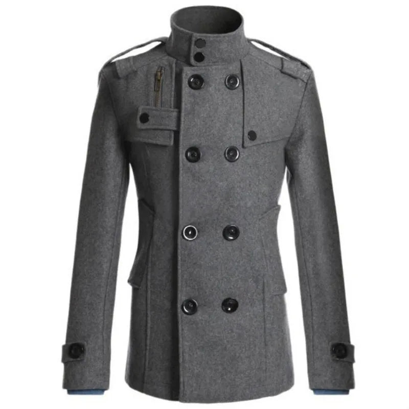 Classic men's double-breasted trench coat. Fashionable long jacket with belt, ideal for stylish winter wear.
