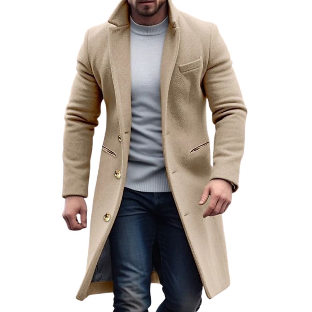 Stylish men's long winter trench coat, classic outerwear with a tailored fit for elegant cold weather fashion.