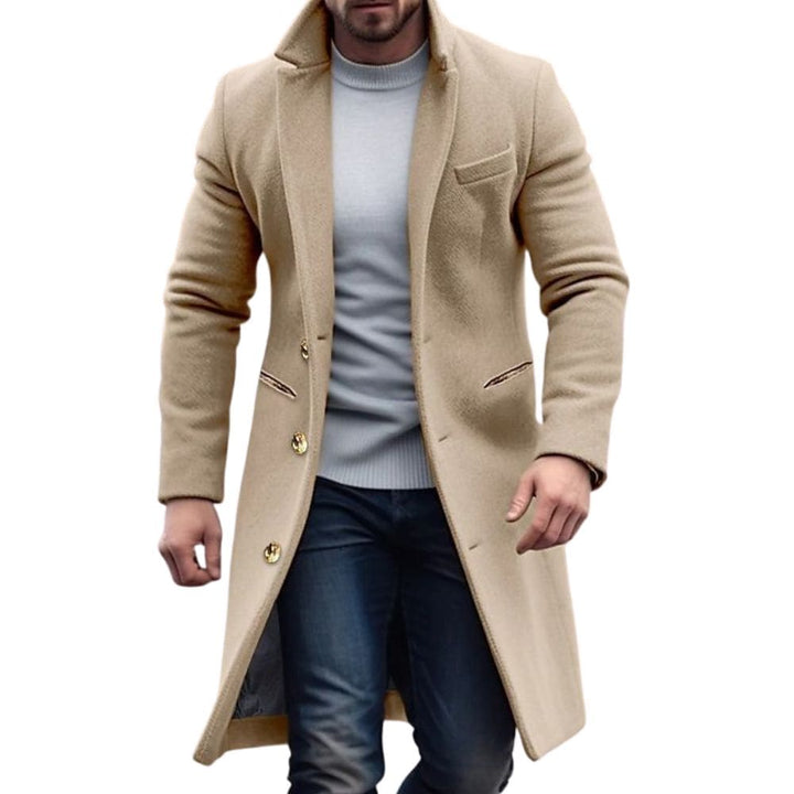Stylish men's long winter trench coat, classic outerwear with a tailored fit for elegant cold weather fashion.