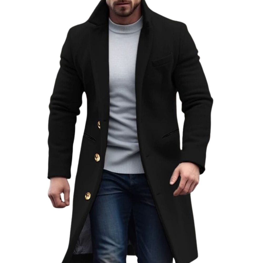 Warm men's elegant trench coat, classic winter outerwear designed for style and comfort in cold weather.