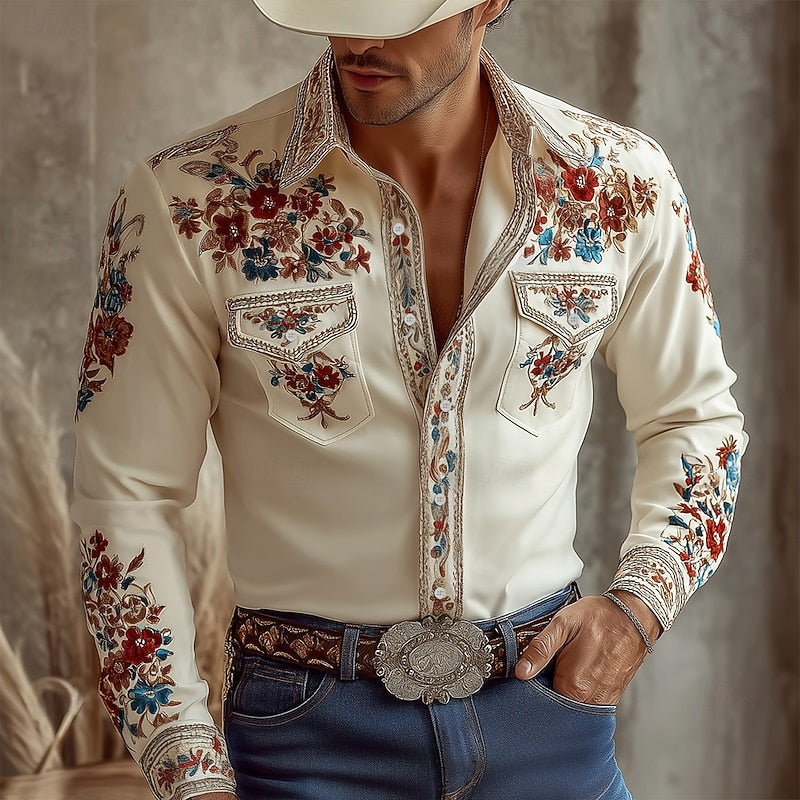 Men's classic embroidered western shirt, long sleeve casual button-up. Timeless style and comfort for everyday wear.