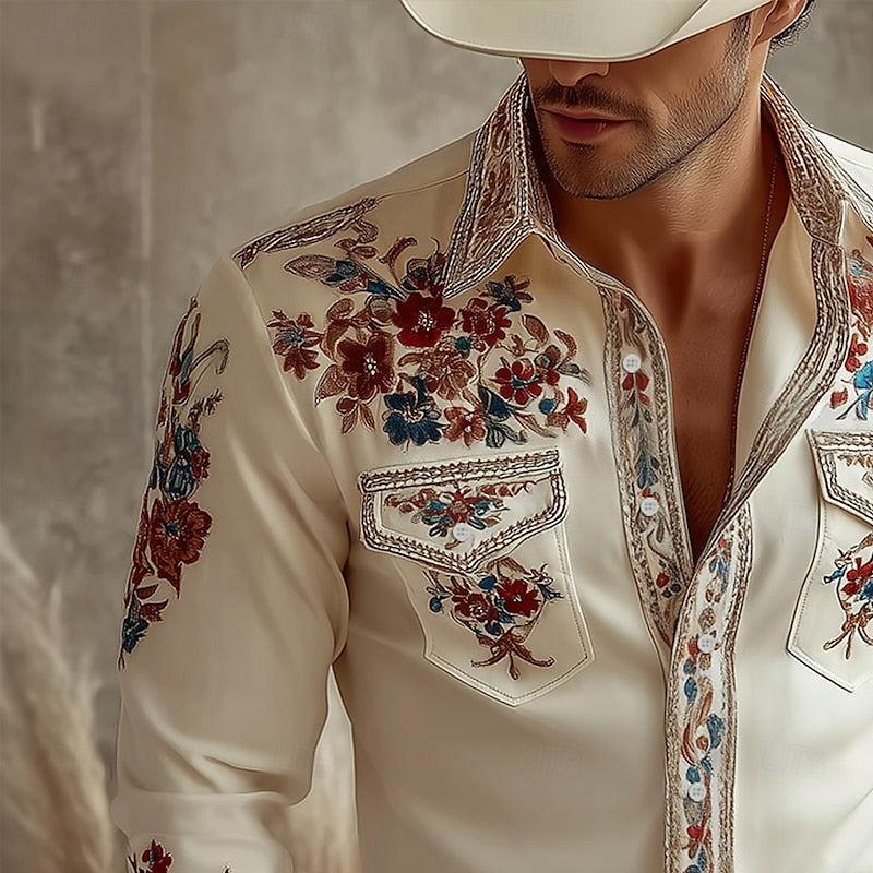Close-up of a men's beige embroidered western shirt, highlighting intricate embroidery and classic button-up design.