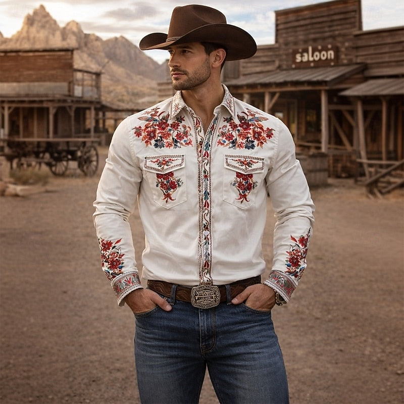 Men's comfortable pink embroidered western shirt, a versatile long-sleeve top. Perfect for casual timeless fashion.