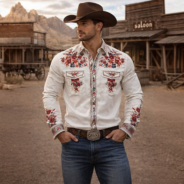 Men's comfortable pink embroidered western shirt, a versatile long-sleeve top. Perfect for casual timeless fashion.