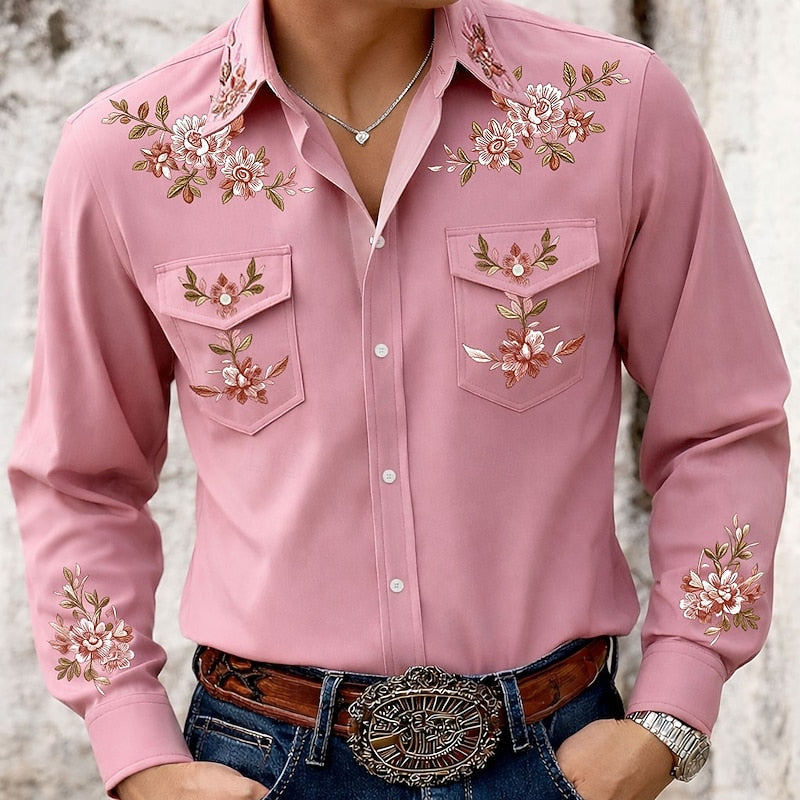 Full view of a men's classic long-sleeve embroidered western shirt. Versatile beige button-up for men's fashion.