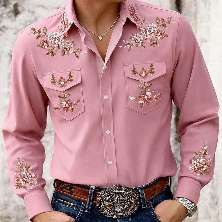 Full view of a men's classic long-sleeve embroidered western shirt. Versatile beige button-up for men's fashion.