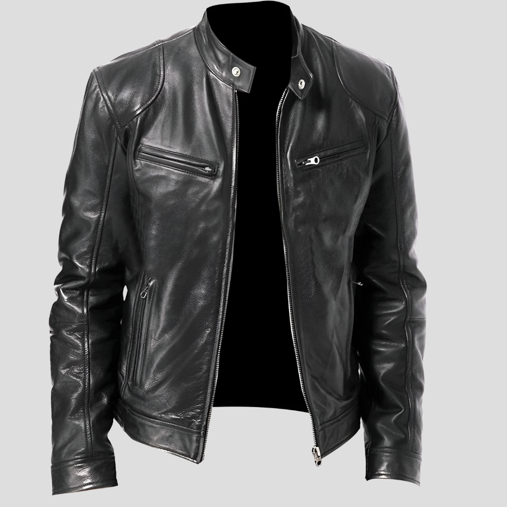 Men's classic faux leather jacket in black, offering timeless style and comfort for casual wear.