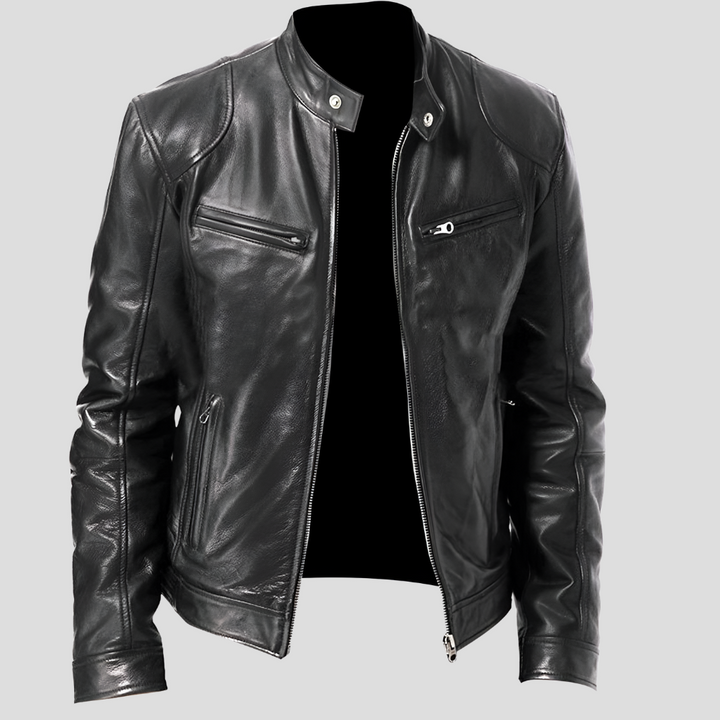 Men's classic faux leather jacket in black, offering timeless style and comfort for casual wear.