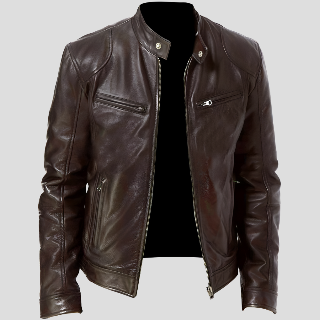 Close-up of the men's stylish faux leather jacket, highlighting its quality material and design.