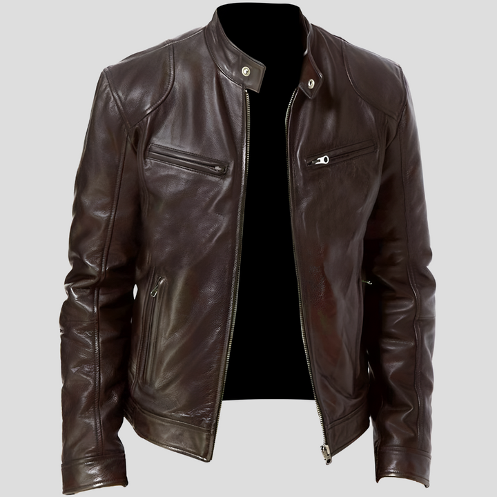 Close-up of the men's stylish faux leather jacket, highlighting its quality material and design.