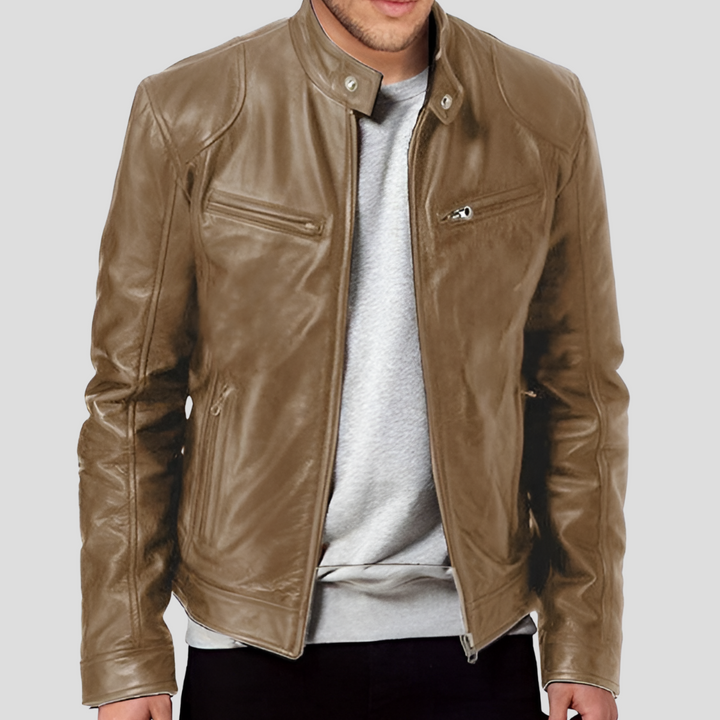 Full shot of a man wearing the faux leather outerwear, demonstrating its fashionable fit and versatility.
