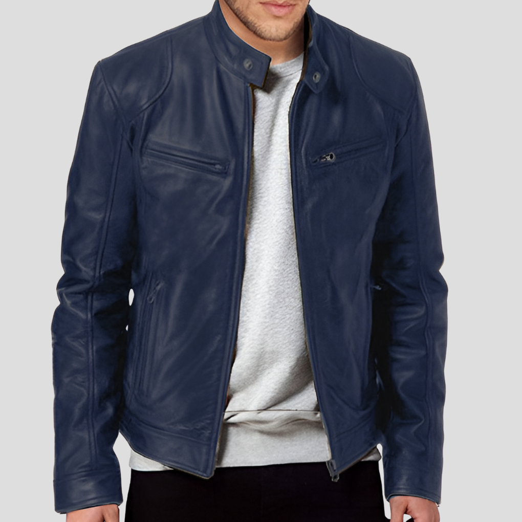 Back view of the men's faux leather jacket, showcasing the sleek silhouette of this popular menswear piece.