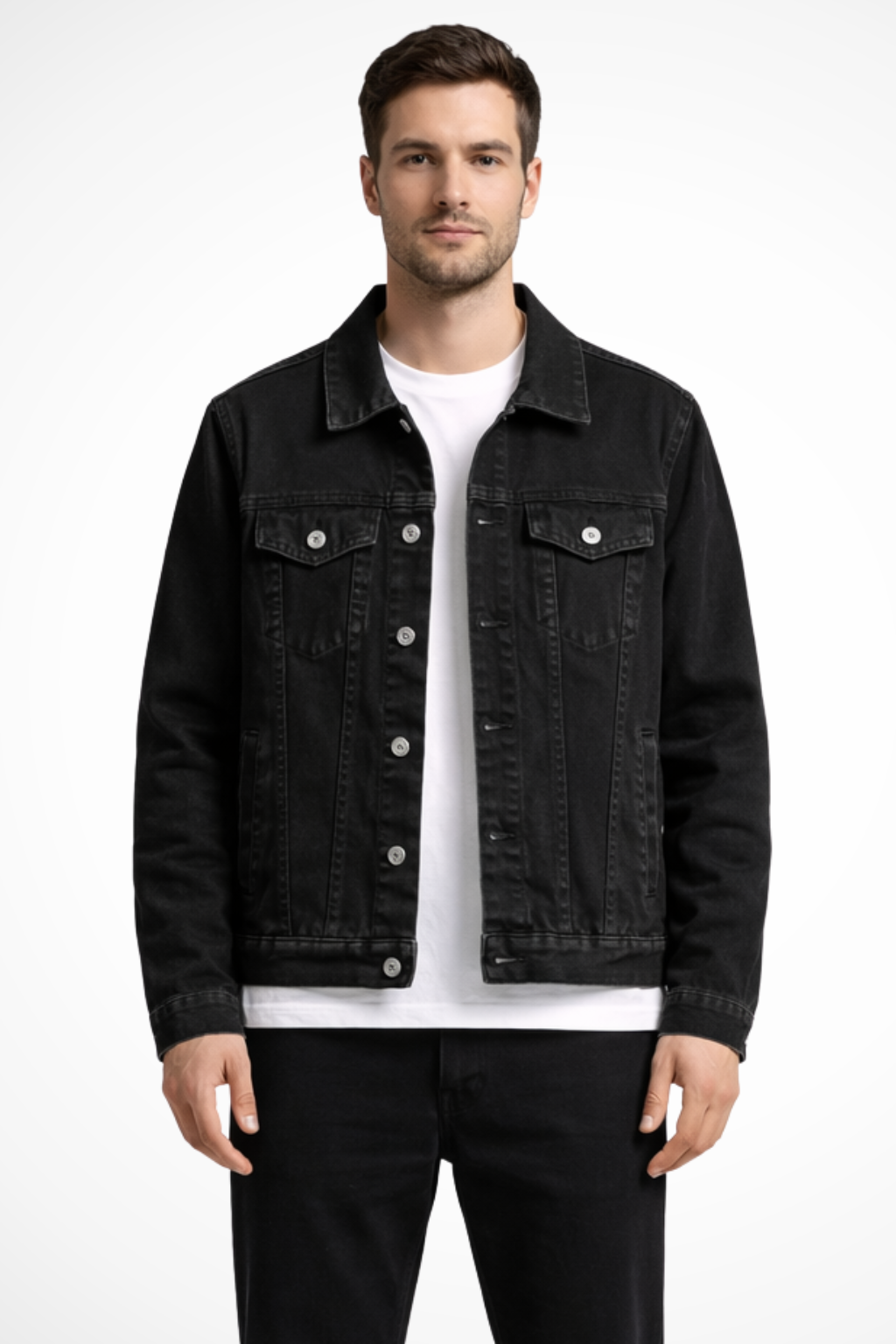 Men's classic fit black denim jacket with button-up front closure