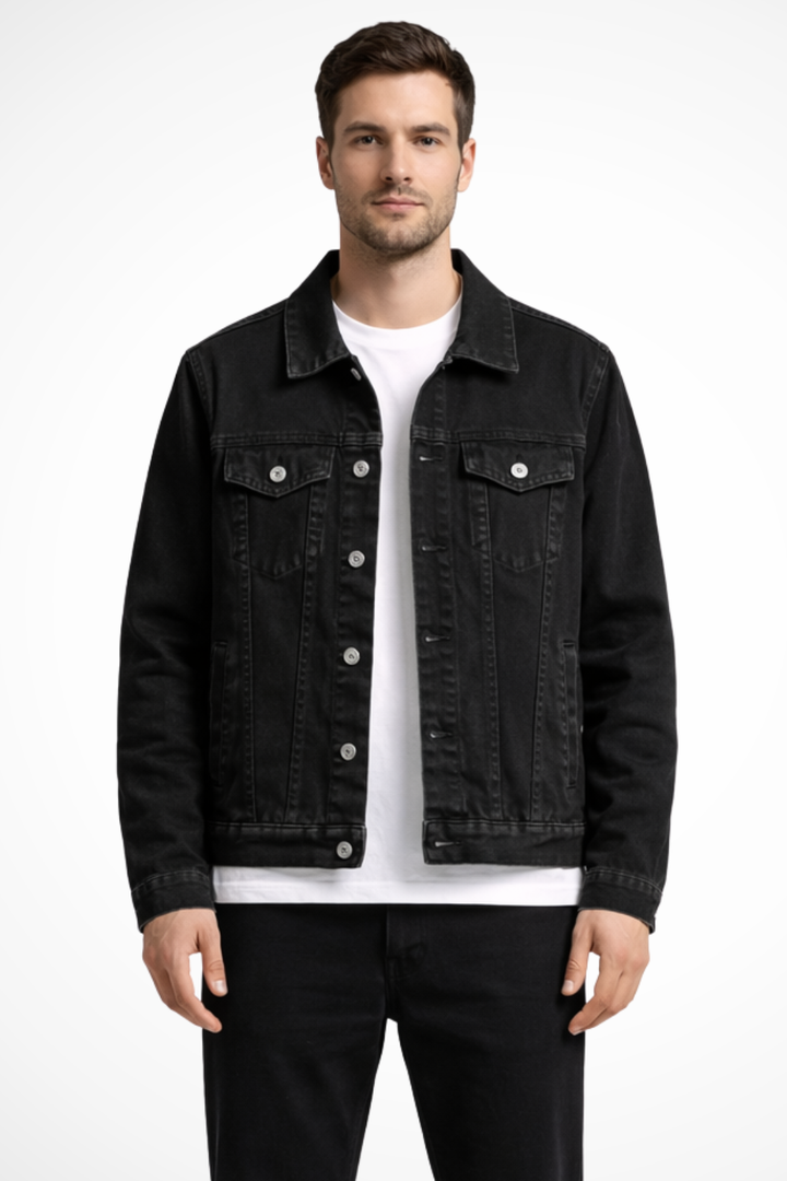 Men's classic fit black denim jacket with button-up front closure