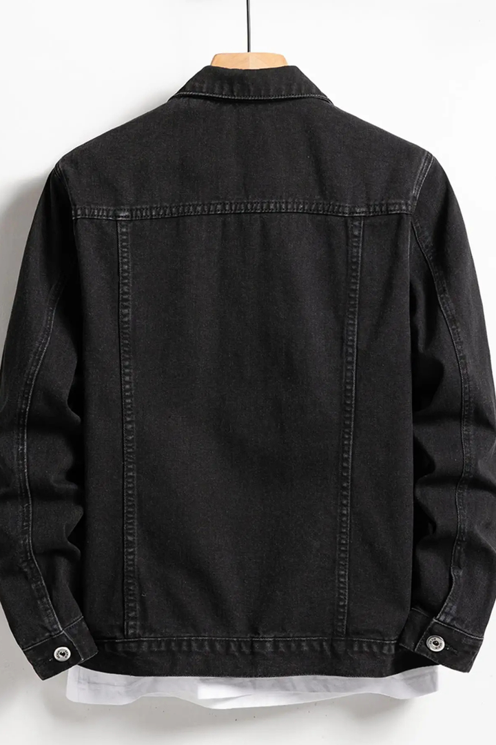 Durable black denim outerwear for men, featuring a classic button-up design